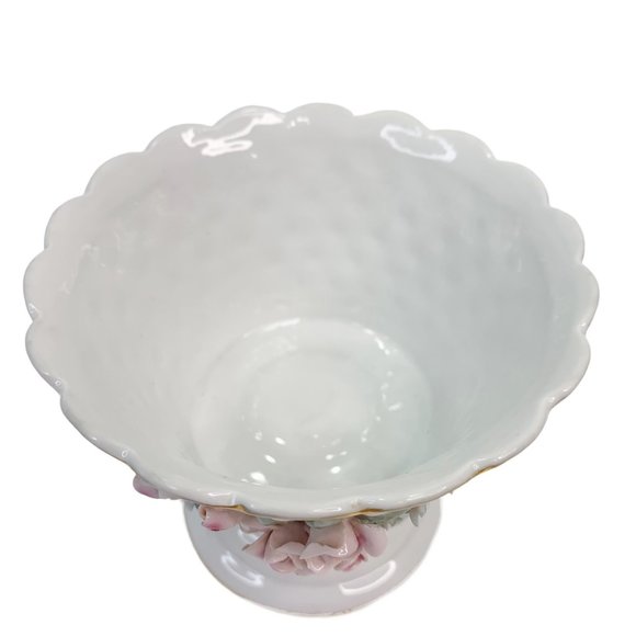 Vintage Lefton Candy Dish Compote Pedestal Rose Hobnail Scalloped Porcelain - Picture 9 of 10